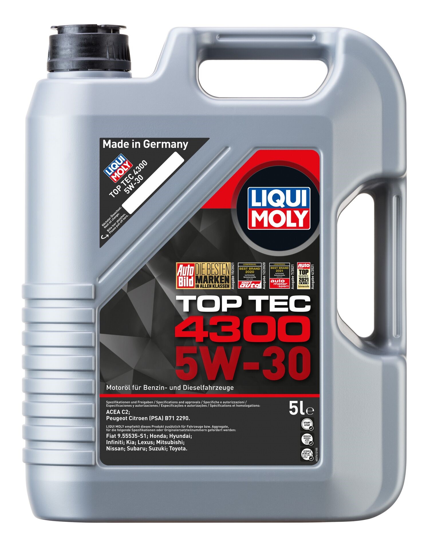 Масло моторное Liqui Moly 5W30 Top Tec 4300 Пежо,Ситроен,Хонда,Тойота,Фиат,  синтетика, 5 литров 2324/3741