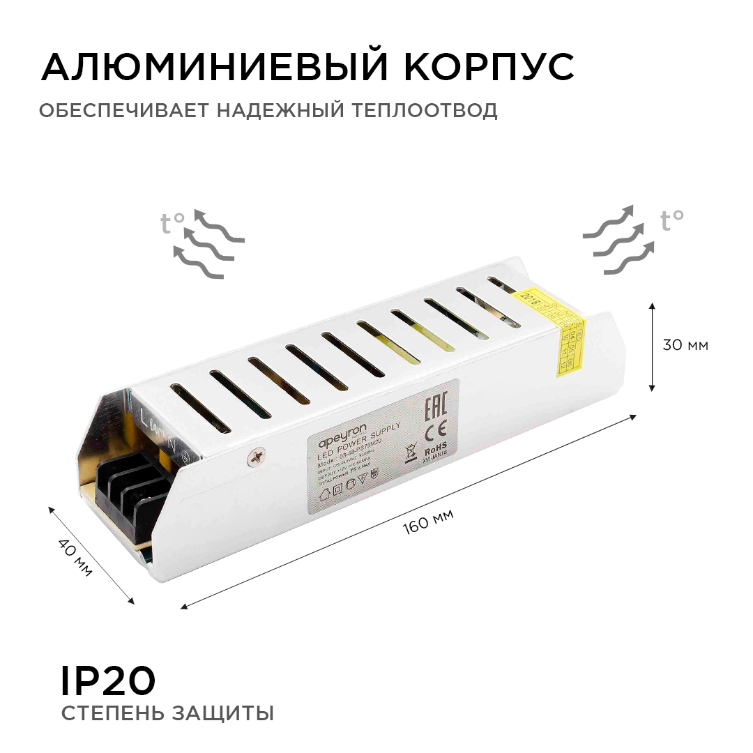 Блок питания IP20, 6,5 А, 12В, 75 Вт,160*40*30 мм, слим-металл, 03-48  APEYRON ELECTRICS