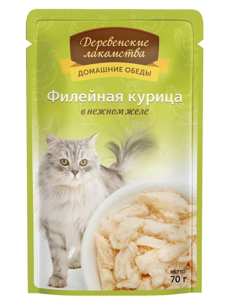 Корм для кошек Деревенские лакомства 70г консервы филейная курица/нежное  желе пауч 70706